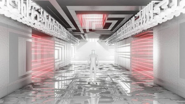 Sci fi interior futurista quarto corredor garagem alienígena nave espacial tubos comunicação brilhante neon luz nevoeiro homem silhueta figura astronauta terno brilhante renderização 3D — Fotografia de Stock