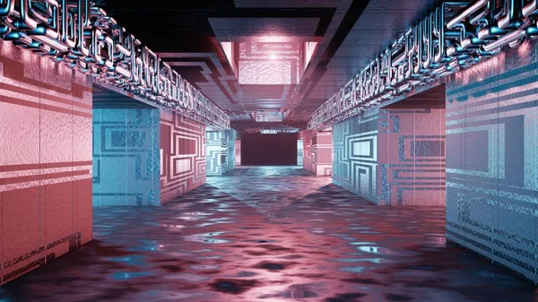 Sci Fi futurystyczny garaż kosmiczne komunikacja korytarz miejsce mgła Neon oświetlenie rozjarzony statek wnetrze — Zdjęcie stockowe