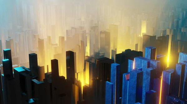 Sci Fi τοπίο νύχτα πόλη λάμπει με νέον φως ψηλό κύβους τουβλάκια γκραντζ εσωτερικό 3D απόδοση — Φωτογραφία Αρχείου