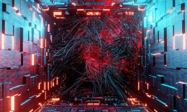 Sci Wnętrze Statek Kosmiczny Obcy Macki Korytarz Neon Światło Komunikacja — Zdjęcie stockowe