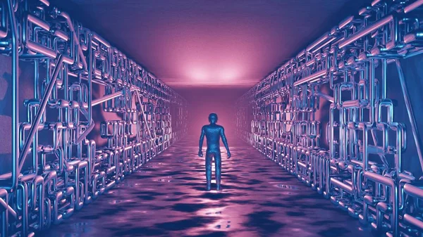 Sci fi interior futurista quarto corredor garagem alienígena nave espacial tubos comunicação brilhante neon luz nevoeiro homem silhueta figura astronauta terno brilhante renderização 3D — Fotografia de Stock