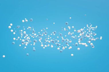 Mavi bir arka plan üzerinde uçan soğuk bir desen ile basit mavi ve beyaz topları Noel soyut kompozisyon. Hareket halindeki geometrik cisimler. 3d render