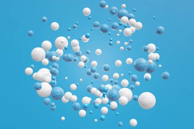 Mavi bir arka plan üzerinde uçan soğuk bir desen ile basit mavi ve beyaz topları Noel soyut kompozisyon. Hareket halindeki geometrik cisimler. 3d render
