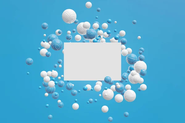 Vánoční abstraktní kompoziční plakát, modrý a bílý míček s mrazivým vzorem, letící na modrém pozadí. Geometrické objekty v pohybu. prostorové vykreslování — Stock fotografie
