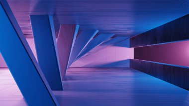 3d render bilimkurgu iç, basit geometrik şekiller. Fantastik bir yabancı şehrin manzarası. Fütüristik metal soyut arka plan, neon ışık. Modern podyum konsepti.