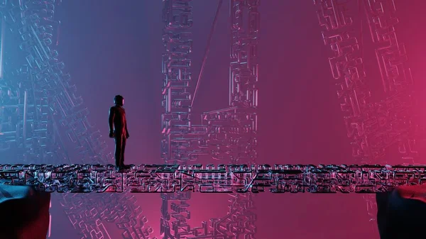 3D renderowania Sci-Fi wnętrze. Mężczyzna, astronauta stoi w otoczeniu metalowych rur. Krajobraz fantastycznego obcego miasta. Futurystyczny abstrakcyjny tło, Neon światło. Nowoczesna koncepcja podium. — Zdjęcie stockowe