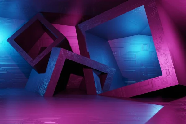 3D rendering abstract art sci-fi background. The cubic shape with a melallic texture of different sizes is random in space. Light purple, blue neon. Modern color trends fashion illustration for bright — 스톡 사진