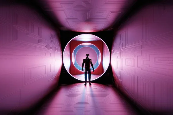 3D renderização arte abstrata fundo sci-fi. Silhueta de um homem, um astronauta no interior metálico de uma nave espacial, um corredor redondo. Roxo claro, néon azul. Tendências de cores modernas moda ilustrat — Fotografia de Stock
