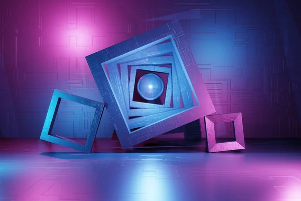 3D απόδοση αφηρημένη τέχνη sci-fi φόντο. Το κυβικό σχήμα με μελαλική υφή διαφορετικών μεγεθών είναι τυχαίο στο χώρο. Ανοιχτό μωβ, μπλε νέον. Σύγχρονες τάσεις χρώμα εικονογράφηση μόδας για φωτεινό — Φωτογραφία Αρχείου