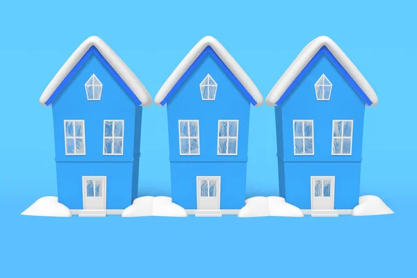 3d weergave winter drie identieke huis sneeuw op het dak, sneeuw drijft op een blauwe achtergrond. — Stockfoto