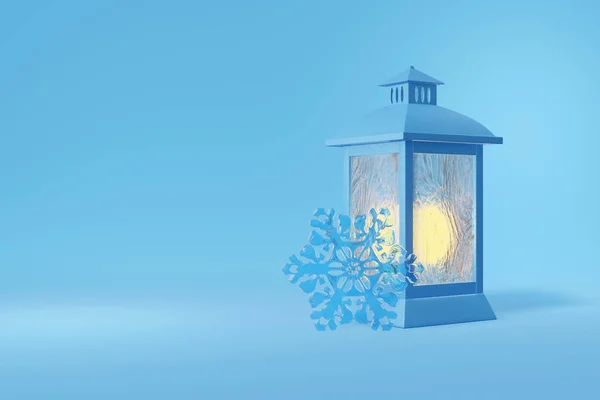 3d rendering of a vintage, antique lantern and snowflake. Orange fire shines behind frosty glass. Illustration on a blue background — Stock Photo, Image