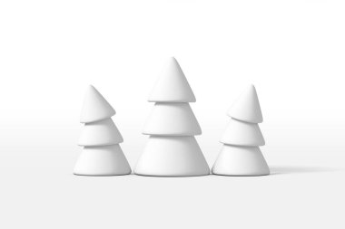 Üç çam ağacının üç boyutlu görüntüsü ya da beyaz arka planda beyaz karla kaplı bir Noel ağacı. Çizgi film minimalist oyuncak stili.