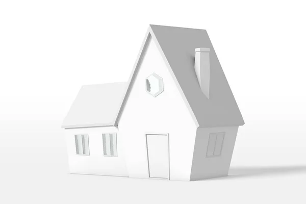 3D vykreslení venkovského domu s rozšířením bílé barvy izolované na bílém pozadí. Karikatura minimalistického stylu. — Stock fotografie