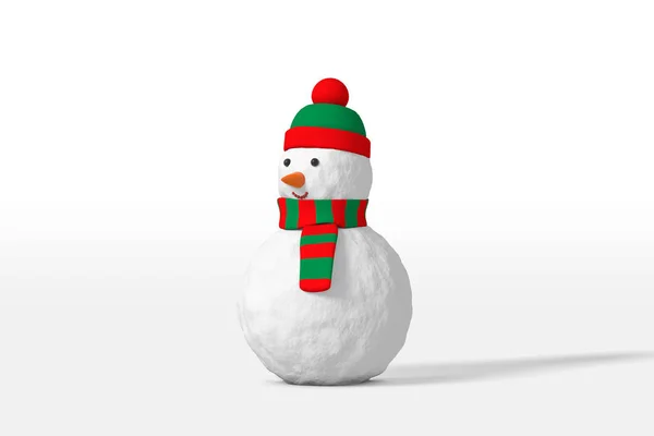 3d renderowania zabawny bałwan w kapeluszu i szalik czerwony zielony kolor izolowany na białym tle. Kreskówka minimalistyczny styl zabawki. — Zdjęcie stockowe