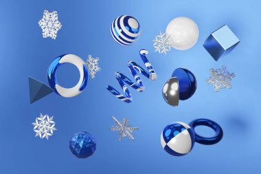 Üç boyutlu, soyut noel sahnesi hareketi geometrik figür parlak metal ve kar tanelerini beyaz ve mavi renkte çiziyor. Modern trend tasarımı