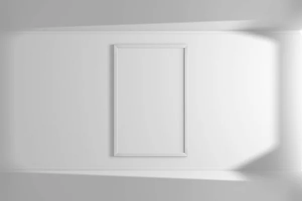 Vertical mockup picture frame of white color hanging on the wall. Simple interior. Bright room. Light and shadow of the window. 3D rendering