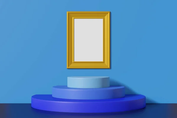 Vertical vintage mockup picture frame gold color hanging on a blue wall. Abstract multicolored cartoon interior with a podium. 3D rendering — Stock Photo, Image