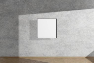 Beton duvarda asılı, siyah çerçeveli kare şeklini taklit et. Basit iç mekan karanlık oda ışığı ve pencerenin gölgesi. 3d oluşturma