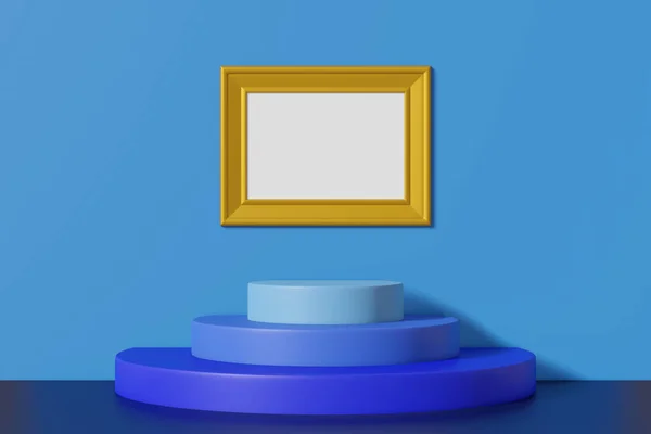 Horizontal vintage mockup imagem moldura cor de ouro pendurado em uma parede azul. Interior de desenho animado multicolorido abstrato com um pódio. Renderização 3D — Fotografia de Stock