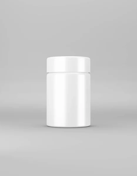 Pot blanc moyen brillant avec couvercle maquillé sur fond gris. Modèle d'emballage alimentaire, cosmétique, chimie. rendu 3D — Photo