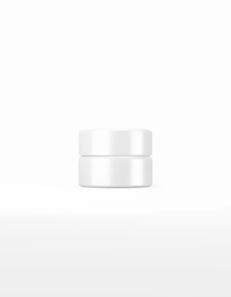 Белая маленькая глянцевая банка с макетом крышки на белом фоне. Упаковка шаблонов пищевые продукты, косметика, химия. 3D рендеринг — стоковое фото