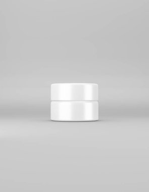 Gri arka planda kapağı olan küçük parlak bir kavanoz. Şablon ambalaj yiyeceği, kozmetik, kimya. 3d oluşturma