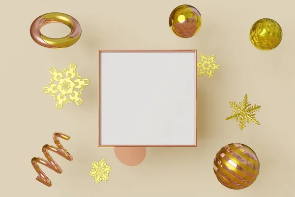 Plac makieta obraz ramka złoty kolor leci na tle kremu z metalicznym płatkiem śniegu w kształcie geometrycznym. Abstrakcyjna koncepcja wielokolorowego ruchu. 3d renderowanie — Zdjęcie stockowe