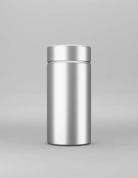 Grote metalen pot met deksel mock up op grijze achtergrond. Template verpakking van voedsel, cosmetica, chemie. 3d destructie — Stockfoto