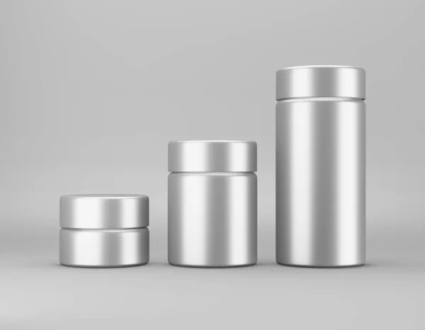 Set of glossy metal jar mockup on gray background. Template packaging food, cosmetics, chemistry different size big, medium, small. 3D rendering — Stock Photo, Image