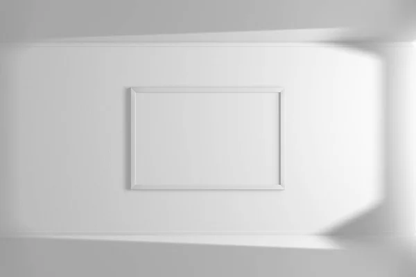 Horizontal mockup picture frame of white color hanging on the wall. Simple interior. Bright room. Light and shadow of the window. 3D rendering
