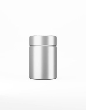 Beyaz arka planda kapağı olan orta metal bir kavanoz. Şablon ambalaj yiyeceği, kozmetik, kimya. 3d oluşturma