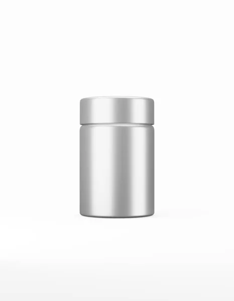 Vaso di metallo medio con coperchio mockup su sfondo bianco. Template packaging alimentare, cosmetico, chimico. Rendering 3D — Foto Stock