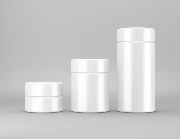 Set of white glossy jar mockup on gray background. Template packaging food, cosmetics, chemistry different size big, medium, small. 3D rendering — Stock Photo, Image