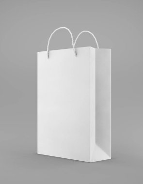 Eko ambalaj poşeti, yarım kollu kraft kağıdı. Gri arka plan tanıtım reklamlarında standart beyaz şablon. 3d oluşturma