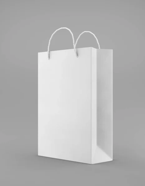 Οικολογική συσκευασία mockup τσάντα Κραφτ χαρτί με λαβή μισή πλευρά. Πρότυπο μέσο λευκό πρότυπο για το γκρι φόντο διαφημιστική διαφήμιση. 3d απόδοση — Φωτογραφία Αρχείου