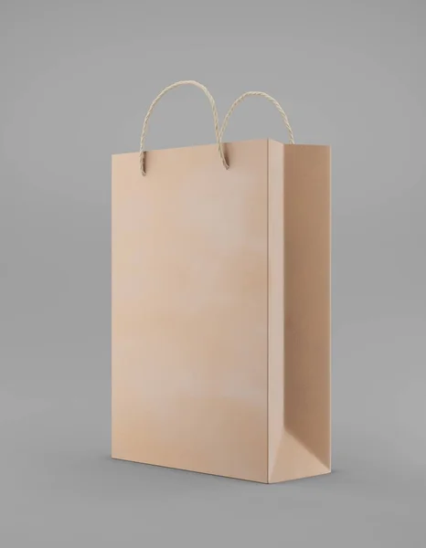 Eco packaging mockup bag kraft paper with handle half side. Standard medium brown template on gray background promotional advertising. 3D rendering — Stock Photo, Image