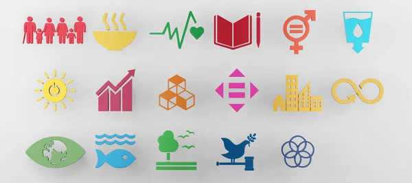 Nachhaltige Entwicklungsziele setzen siebzehn bunte Symbole. 3D-Darstellung — Stockfoto