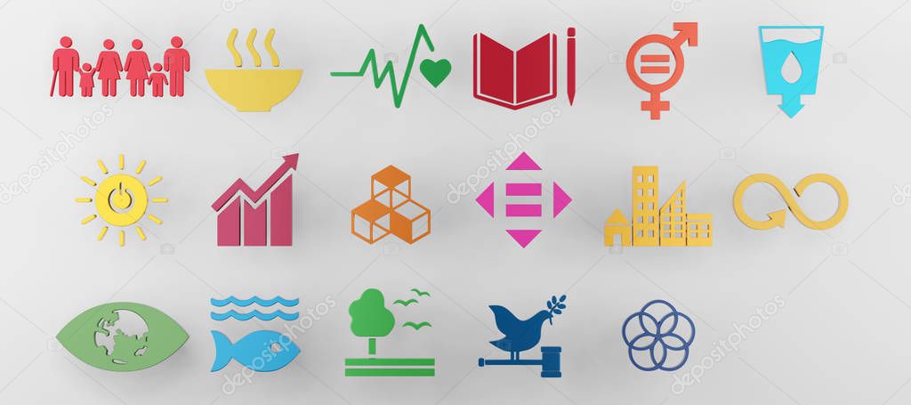 Sustainable Development Goals set seventeen colorful icon. 3D rendering