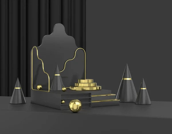 3Dレンダリング抽象プラットフォーム製品プロモーション ステージ カーテン 金の要素上の豪華なショーケース湾曲した黒の背景 シンプルなコンセプトコピースペース 豪華ダークモックアップ小冊子バナー — ストック写真
