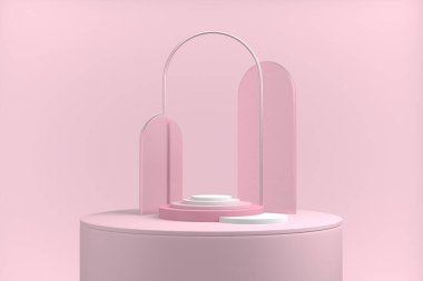 3 boyutlu görüntüleme ürünü, podyum pastel arka plan. Asgari reklam sergisi kemeri, dekoratif unsur, basit geometrik form kopyalama alanı. Çevrimiçi ticaretin kaliteli sanat modelleri