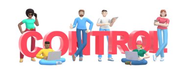 Beyaz arka planda dizüstü bilgisayarı, tableti, telefonu ve kelime kontrolü olan çok ırklı başarılı bir grup genç. Yatay afiş çizgi film karakteri ve metin web sitesi sloganı. 3B görüntüleme.