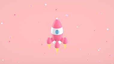 Yıldızlar arasında pembe üzerinde dönen eski model bir oyuncak roketin 3 boyutlu görüntüsü. Uzay yolculuğu çizgi film stili.