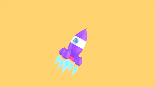 3D rendering of a vintage toy rocket flying spinning in a circular path on a yellow background. Space travel bright cartoon style.