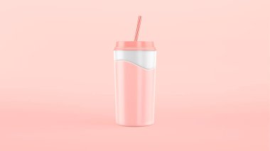3 boyutlu kağıt bardak, pembe çilekli milkshake, süt. Yavaş çekim dalgası sıçraması. Çizgi film stili plastik bardak..