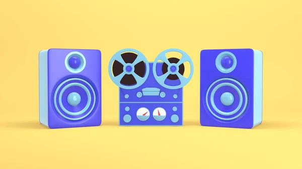 3D rendering vintage bobbin tape recorder and music speakers. Funny bright animation cartoon style. Positive fast motion party, concert, web page.