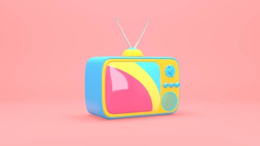 Parlak bir ekran, gürültü ve çarpıtma ile eski bir televizyonun 3 boyutlu soyut animasyonu. Sıra dışı komik pop sanat karikatürü tarzı.