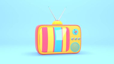 Parlak bir ekran, gürültü ve çarpıtma ile eski bir televizyonun 3 boyutlu soyut animasyonu. Sıra dışı komik pop sanat karikatürü tarzı.