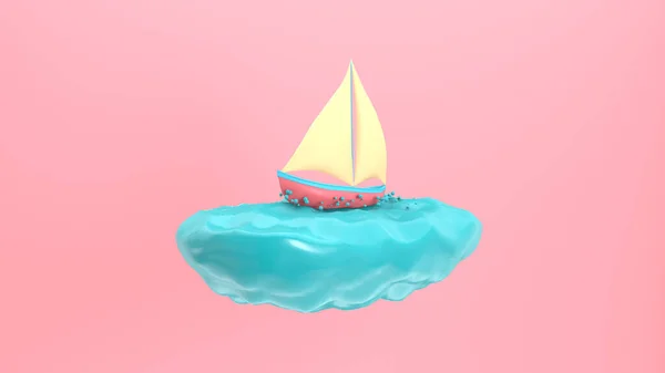 3d rendering abstract animation boat sailboat floating on the waves. Funny joke cartoon style.