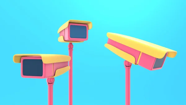 3D rendering abstract motion animation three cameras video surveillance. Unusual funny joke pop art cartoon style