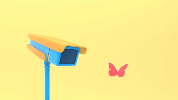 3D rendering abstract motion animation video surveillance camera monitors the flight of a butterfly. Unusual funny joke pop art cartoon style